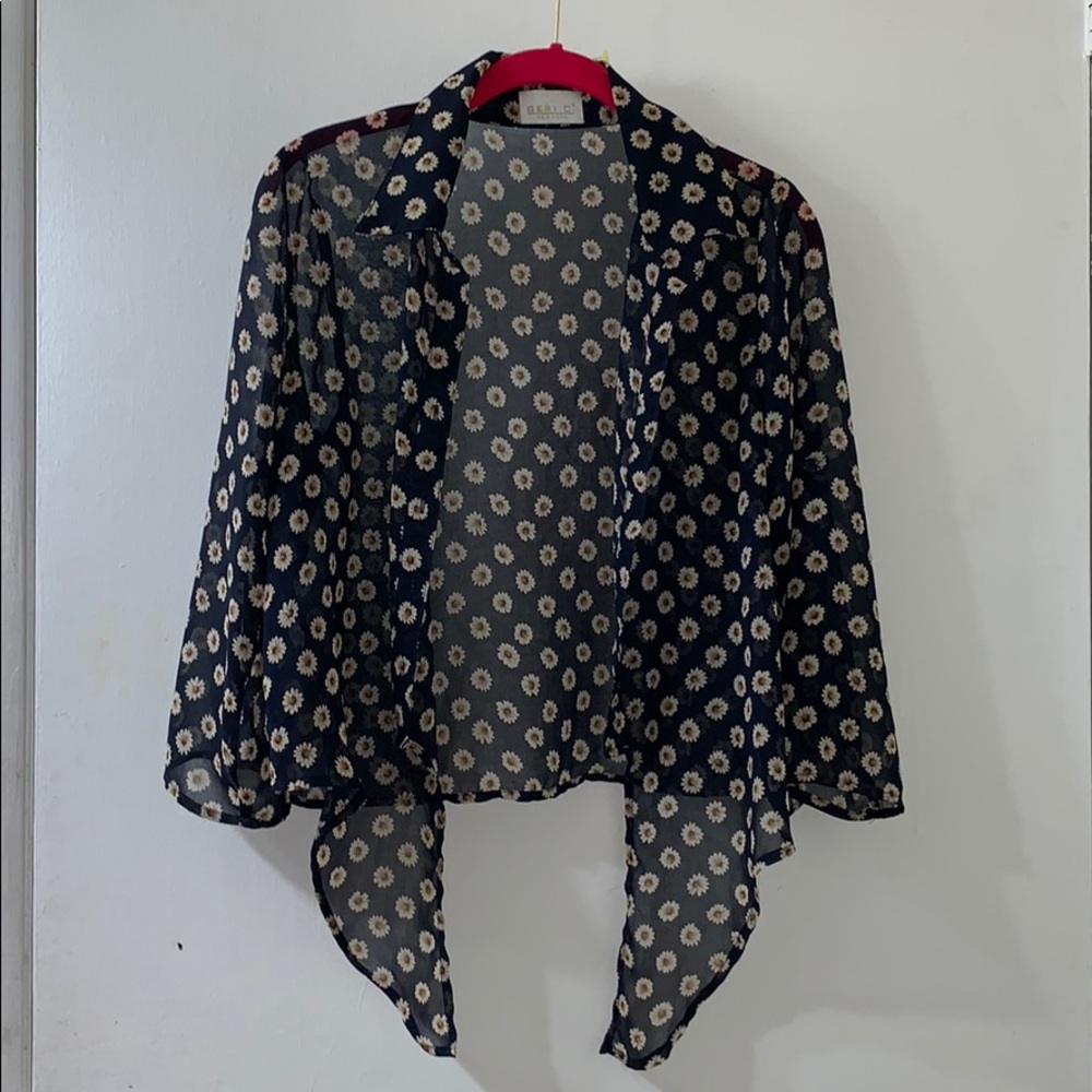 Sheer Navy Blue Button-up Top with Sunflowers